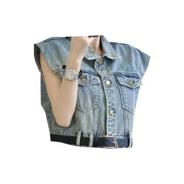 Design sense denim vest women's custom-made summer thin loose waistcoat denim jacket fashion sleeveless short jacket top Y2K fashion millennial style SKJN026 Design sense denim vest women's custom-made summer thin loose waistcoat denim jacket fashion sleeveless short jacket top Y2K fashion millennial style SKJN026